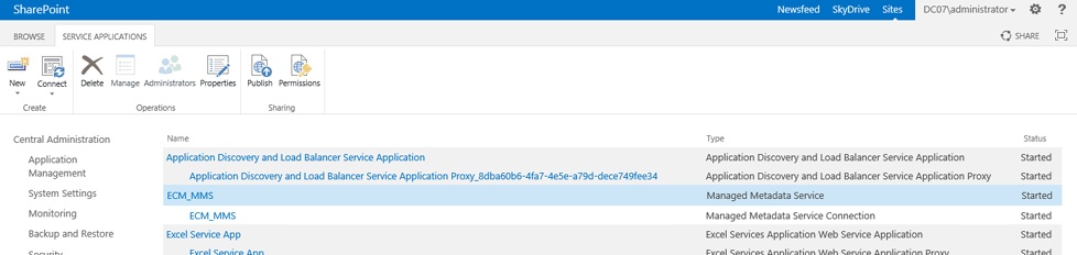 The figure shows the newly created ECM_MMS service highlighted after selection.