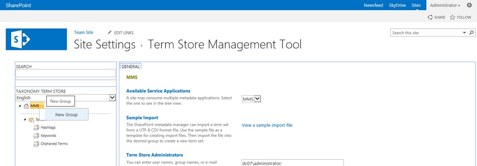 The figure shows creating a new group using the Term Store Management Tool.