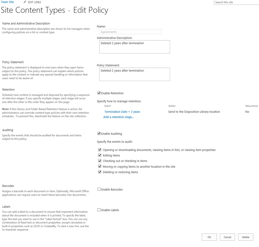 The figure shows configuration options for setting policies for content types.