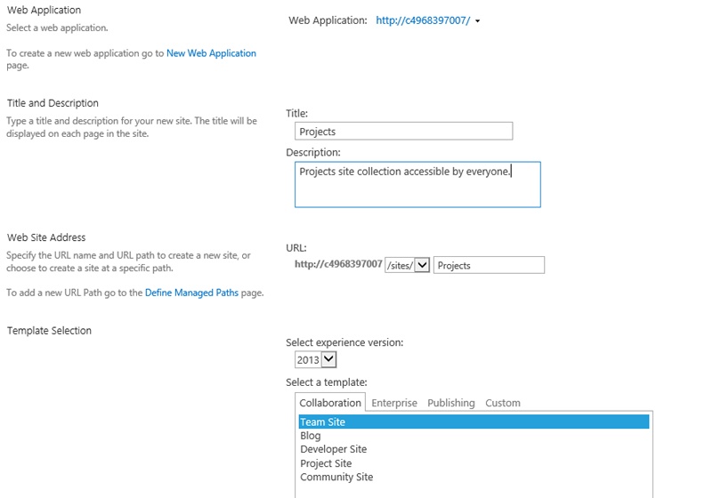 The figure shows the configuration screen for creating site collections.