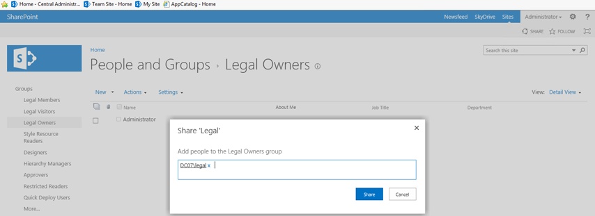 The figure shows users being added to the Legal group’s permissions.