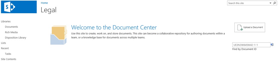 The figure shows the results of the newly created Legal site collection.