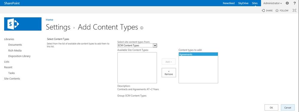 The figure shows the ECM content type being added to the Legal site collection for content types.