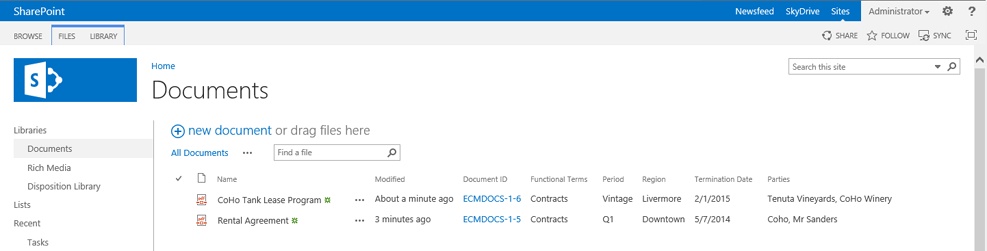 The figure shows the results of an item added to a content type–enabled document library.