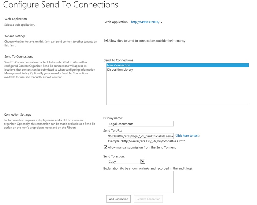 The figure shows the settings page to enable the connection for the Drop Off library.