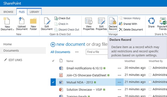 The figure shows the Declare Record option for declaring a record on the Files tab.