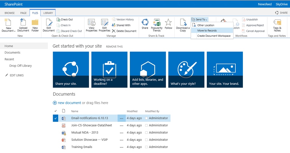 The figure shows the Send To locations feature enabled on the ribbon.