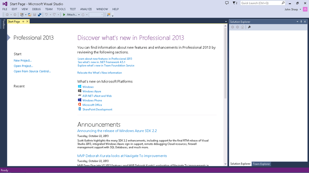 A screenshot of the Visual Studio 2013 Start page.