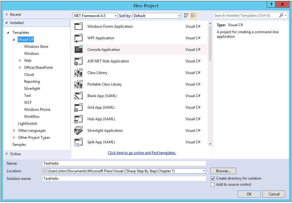 A screenshot of the New Project dialog box. The Visual C# templates are displayed and the Console Application template is selected.