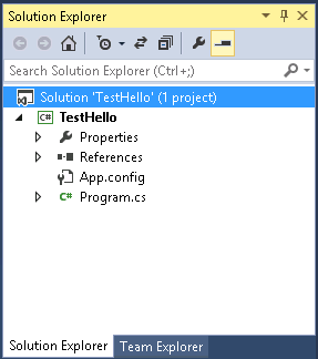 A screenshot of the Solution Explorer pane showing the TestHello solution.