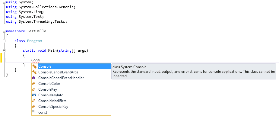 A screenshot of the Code and Text Editor window. The user has entered the text “Cons”, and an IntelliSense list shows the items that start with this prefix.