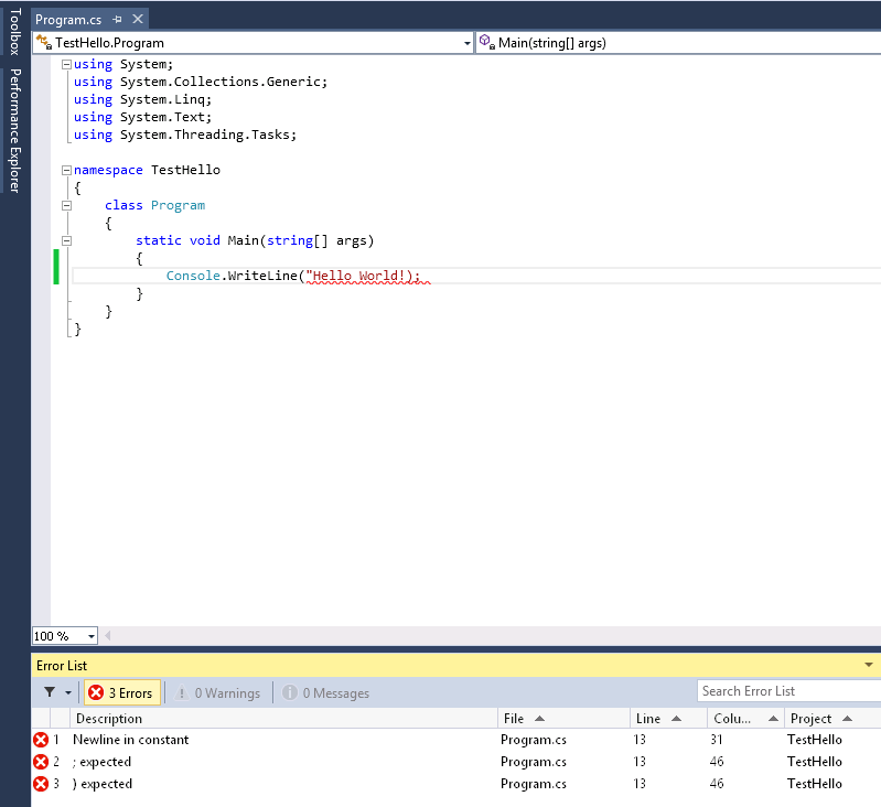 A screenshot of the Code and Text Editor window and the Error List window. The Error List window displays the error messages that are the result of the missing closing quotation mark in the code.