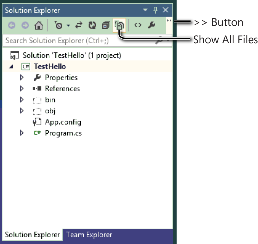 A screenshot of Solution Explorer. The double-arrow button and the Show All Files button on the toolbar are both highlighted.