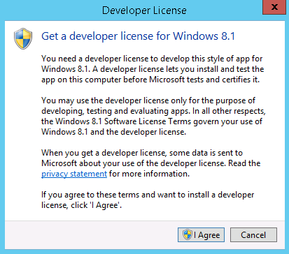 A screenshot of the Developer License dialog box that appears the first time you create a Windows Store app.