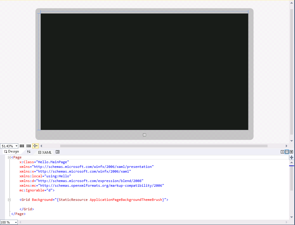 A screenshot of the Design View window. The upper pane shows a visual representation of the MainPage page, and the lower pane shows the XAML markup for this pane.