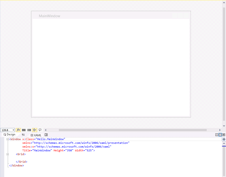 A screenshot of the Design View window. The upper pane shows a visual representation of the MainWindow window, and the lower pane shows the XAML markup for this window.