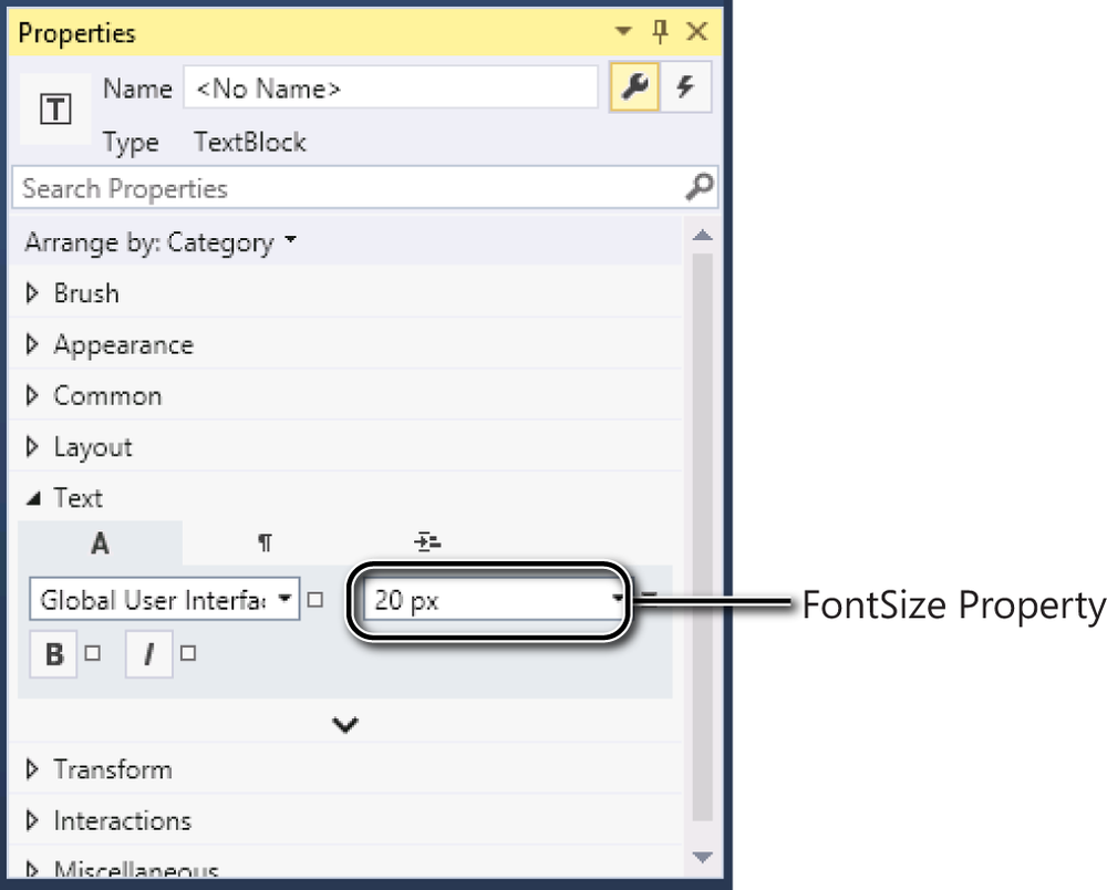 A screenshot of the Properties window for the TextBlock control. The FontSize property is highlighted and the value is set to 20 pixels.