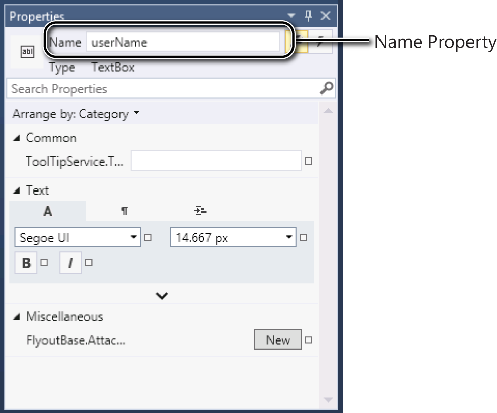 A screenshot of the properties window for the TextBlock control. The Name property is selected and the value is set to userName.