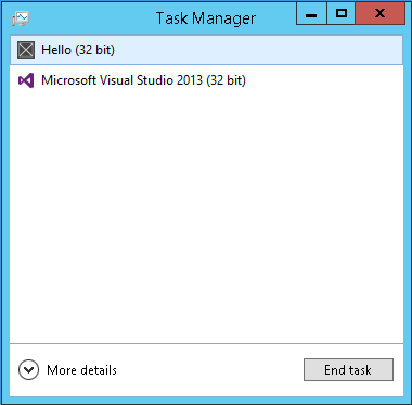 A screenshot of Windows 8.1 Task Manager. The Hello application is highlighted.