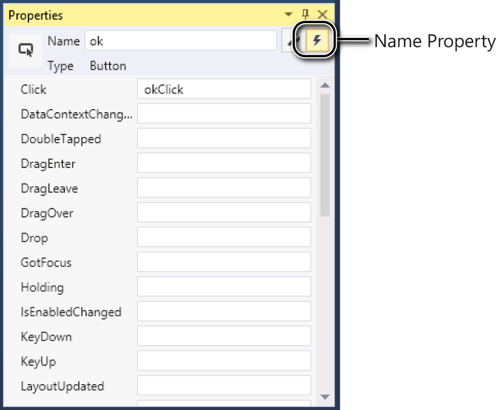 A screenshot of the Properties window. The Event Handlers for Selected Element button is highlighted.