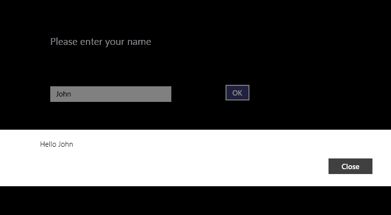 A screenshot of the Hello application running on Windows 8.1. The user has entered the name John and clicked OK. The message Hello John is displayed, together with a Close button.