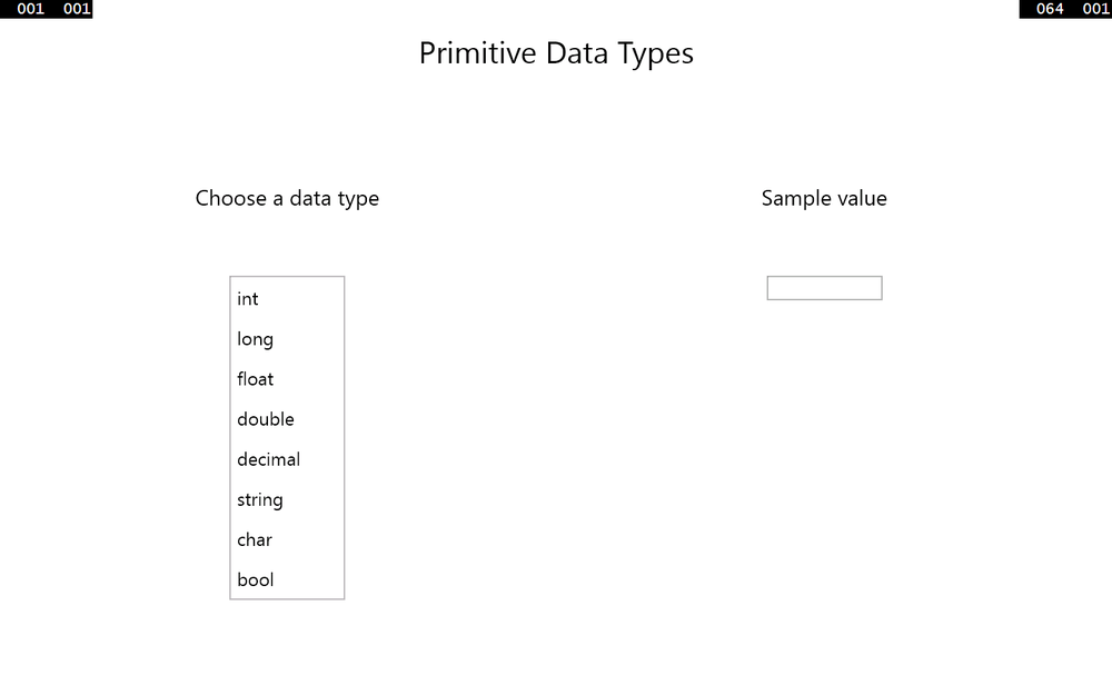 A screenshot of the PrimitiveDataTypes application running in Windows 8.1.