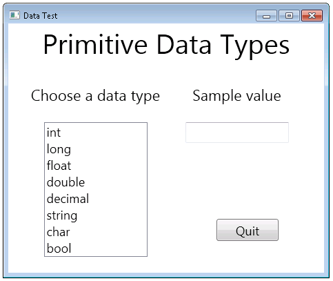 A screenshot of the PrimitiveDataTypes application running on Windows 7 or Windows 8.