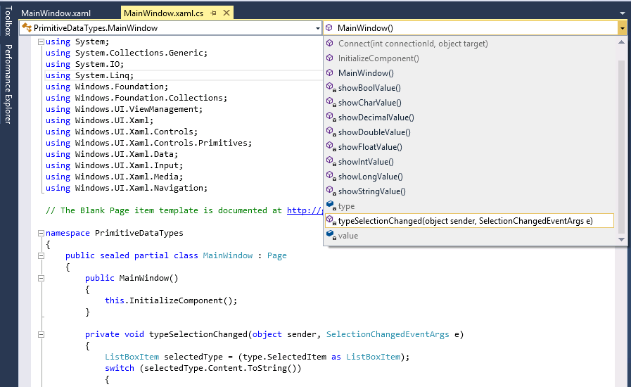 A screenshot of the Code and Text Editor window for the MainWindow.xaml.cs file. The class members drop-down list box is displayed, and the user has selected the typeSelectionChanged method.