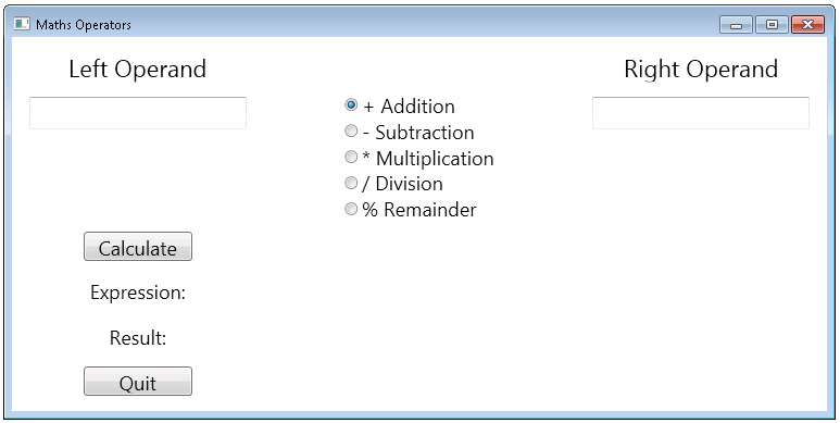 A screenshot of the MathsOperators application running on Windows 7 or Windows 8.