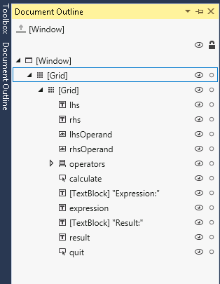 A screenshot of the Document Outline window. The Grid control has been expanded, and the screenshot shows the elements of the form defined within the Grid element.