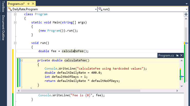 A screenshot of the Code Editor window in Visual Studio 2013 with the Peek Definition window displaying the details of the calculateFee method.