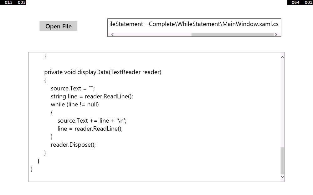 A screenshot of the WhileStatement application running on Windows 8.1. The lower text box displays the contents of the file that the user selected.