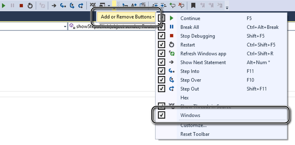 A screenshot of the Add Or Remove Buttons menu on the Debug toolbar.