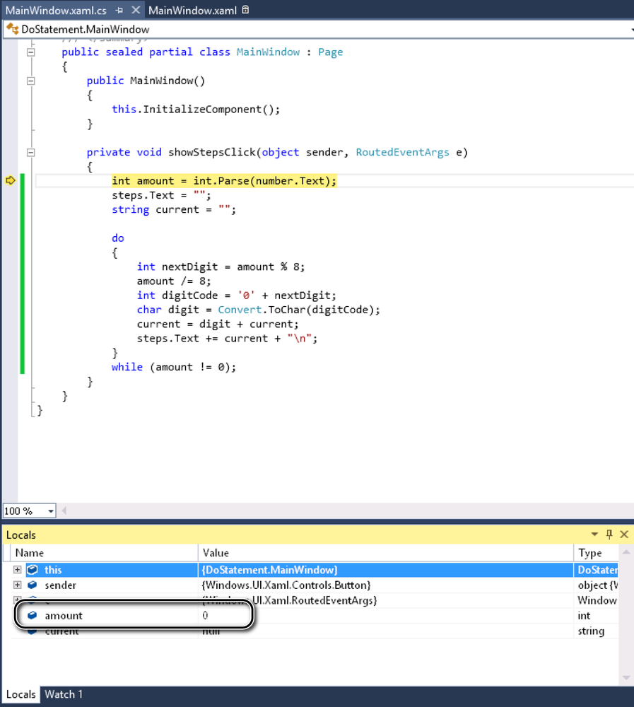 A screenshot of the DoStatement application running in debug mode. The Locals window is displayed and shows the current value of each local variable.