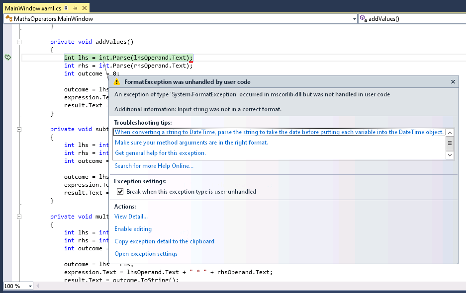 A screenshot of an exception caught by Visual Studio running in debug mode.