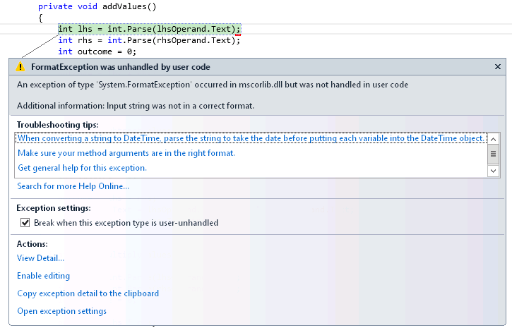 A screenshot of the exception being handled by Visual Studio.