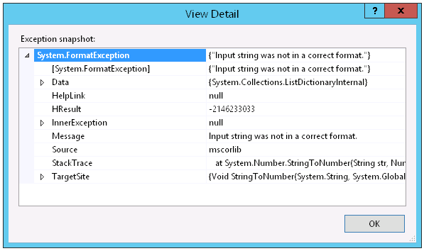 A screenshot of the View Detail dialog box in Visual Studio, showing the details of an exception.