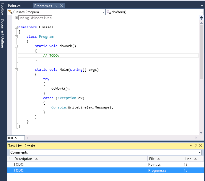 A screenshot of the Code and Text Editor window and the Task List window.