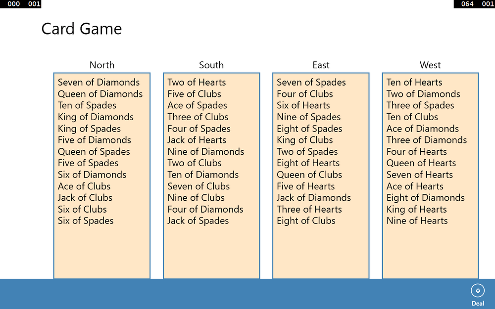 A screenshot of the Cards application showing the cards dealt to each hand.