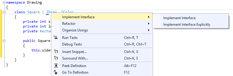 A screenshot of the Code and Text Editor window showing the Implement Interface Explicitly option on the shortcut menu for the IDraw interface.