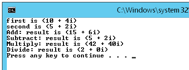 A screenshot showing the result of the calculations performed by using the Complex type.