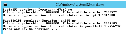 A screenshot showing the value calculated for PI by using the SerialPI and ParallelPI methods. The number of points in the pointsList collection is now correct, but the calculation is still inaccurate.