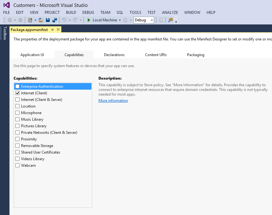 A screenshot of the manifest editor showing the resource capabilities of a Windows Store app.