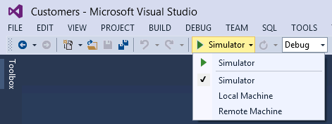 A screen shot of the Visual Studio toolbar showing the Debug Target drop-down list box. The Simulator is selected.