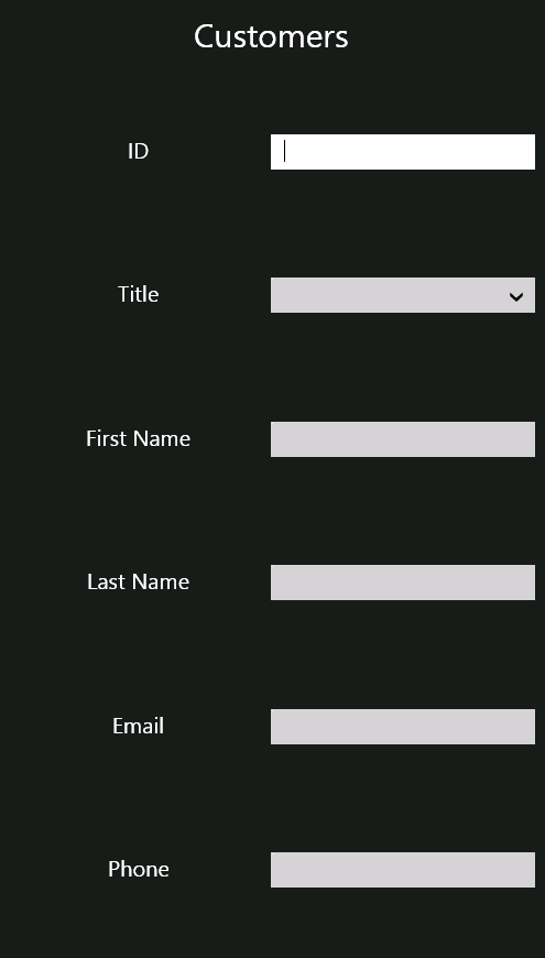 A diagram showing the proposed layout of the Customers form in a narrow view. The TextBox controls are arranged in columnar format.