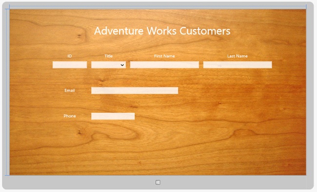 A screenshot of the Design View window showing the Customers form. The background of the form displays a wooden panel.