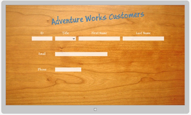 A screenshot of the Design View window showing the Customers form. The labels are now all displayed in the Buxton Sketch font.