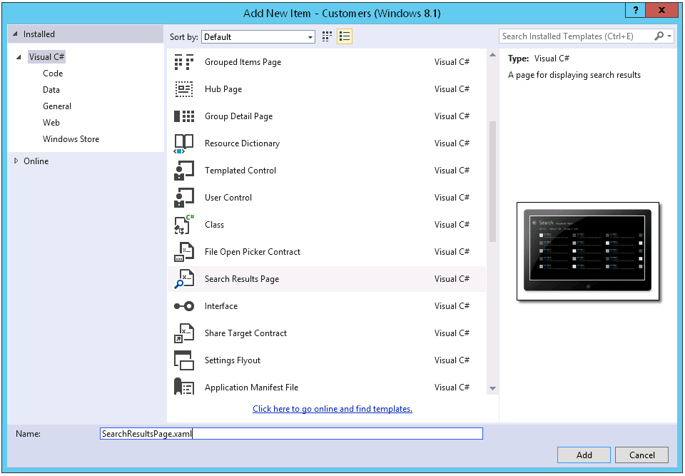 A screenshot of the Add New Item dialog box showing the Search Contract template.