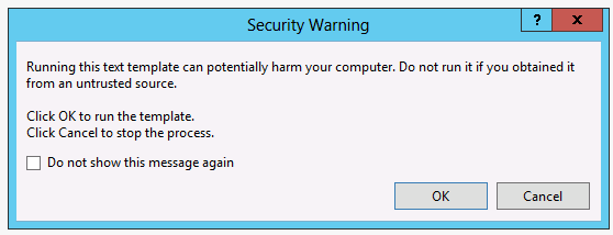 A screenshot of the Security Warning message box caused by running the Entity Framework T4 templates to generate the code for the entity model.