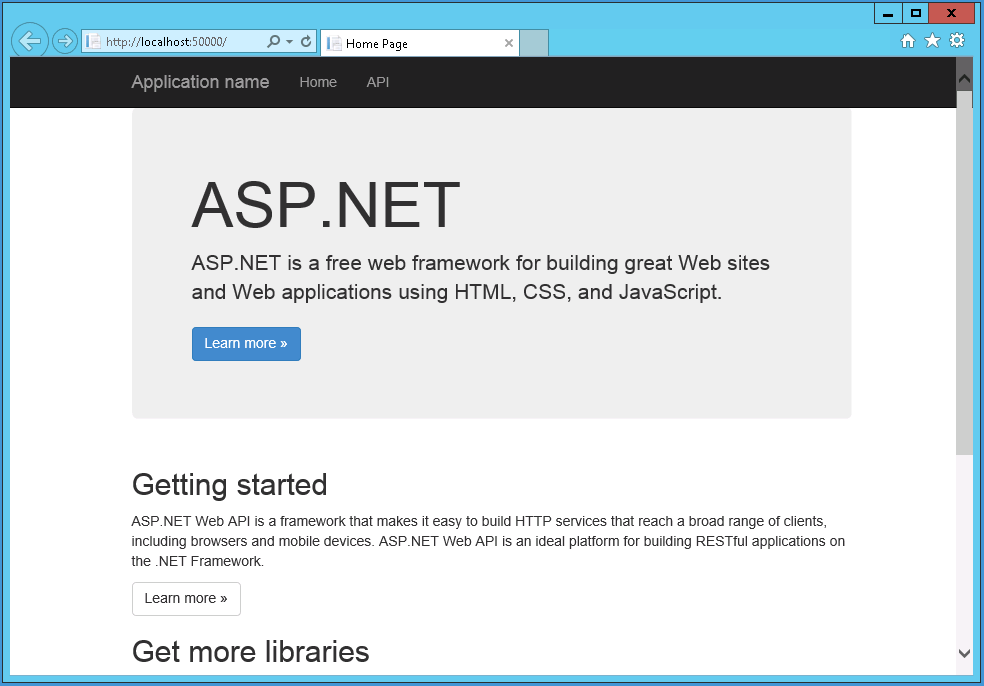 A screenshot of Internet Explorer showing the home page for the ASP.NET Web API web service.